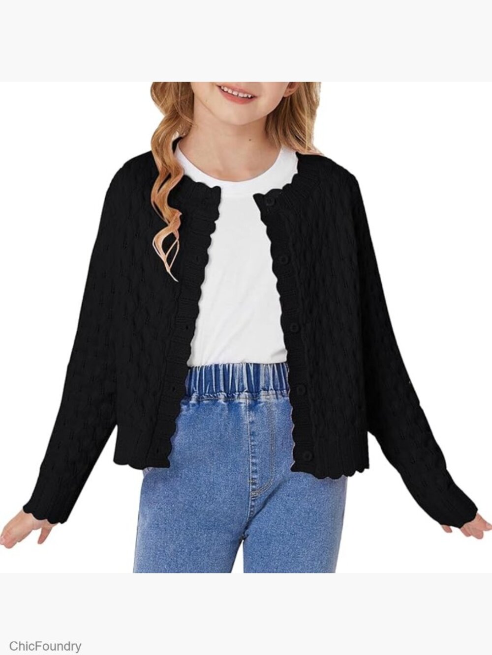 Girls Cropped Cable Knit Cardigan Sweater Long Sleeve Button Front